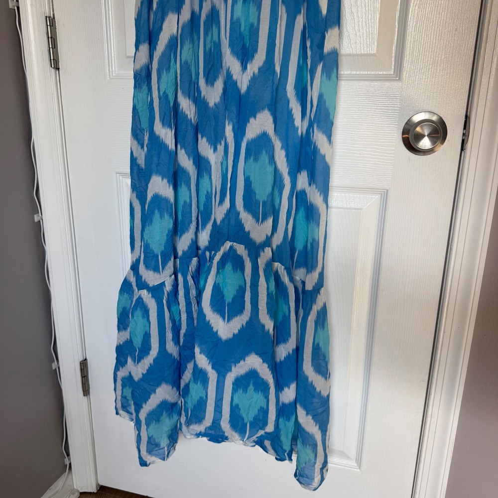 OLIPHANT  Blue White Ruffle V-Neck Maxi Dress Sleeveless Tiered Cotton M - Picture 4 of 8